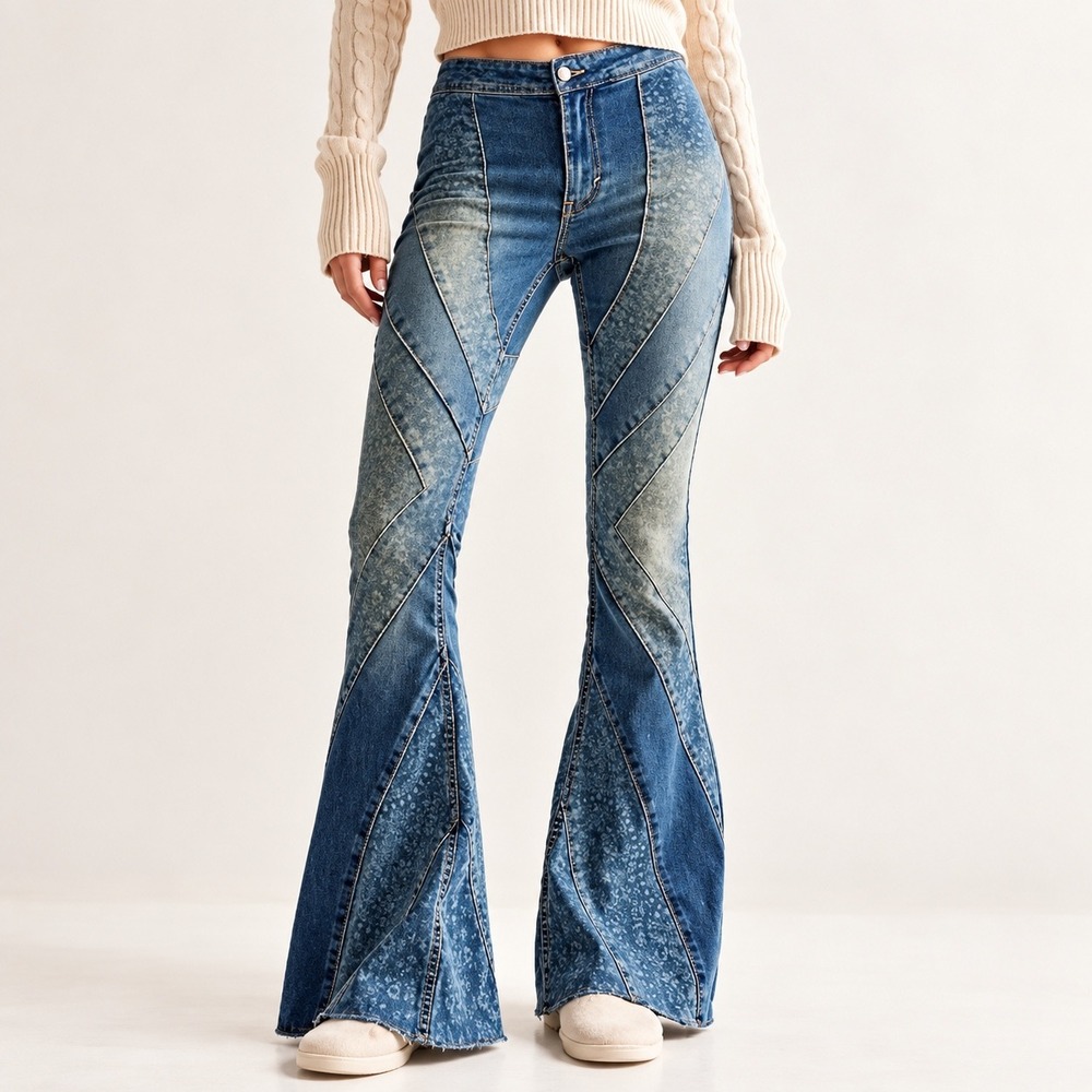 Free People Mermaid Flare Jeans Womens 25 Blue Mid Rise Paisley Boho Denim